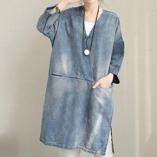 Denim Long-sleeve Midi Dress As Shown In Figure - One Size