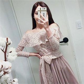 Ribbon-waist Off-shoulder Tulle Dress