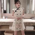 Traditional Chinese Cap-sleeve Contrast Trim Polka Dot A-line Mini Dress