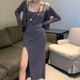 Spaghetti Strap Side-slit Midi Sheath Dress / Light Jacket