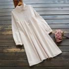 Plain Long-sleeve Collared Dress Beige - One Size