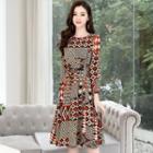 Belted Pattern Long-sleeve Midi A-line Dress
