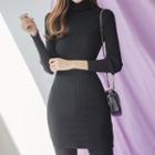 Turtleneck Mini Sheath Knit Dress Black - One Size