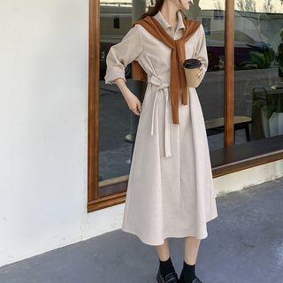 Long-sleeve Tie-waist Dress With Knit Scarf