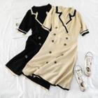 Buttoned Contrast Trim Short-sleeve A-line Dress
