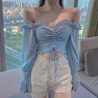 Long-sleeve Shirred Frill Trim Crop Top Blue - One Size