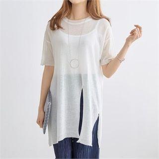 Short-sleeve Slit-detail Sheer Long Knit Top