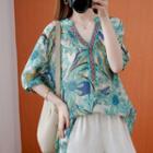 Elbow-sleeve Floral Print V-neck Blouse Green - One Size