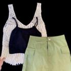 Plain Cropped Halter Top / Perforated Sleeveless Knit Top / Plain Mini Skirt