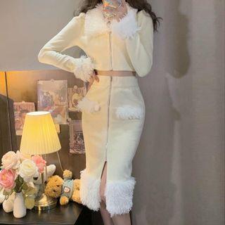 Fluffy Collar Cropped Zip Cardigan / Zip Pencil Skirt