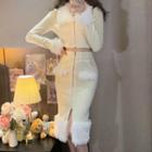 Fluffy Collar Cropped Zip Cardigan / Zip Pencil Skirt