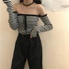 Striped Off-shoulder Long-sleeve T-shirt As Shown In Figure - One Size