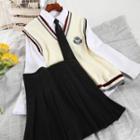 Set: Long-sleeve Shirt + Sweater Vest + Pleated Mini A-line Skirt