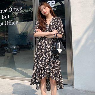 Elbow-sleeve V-neck Floral A-line Dress Black - One Size