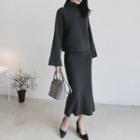 Set: Mock-neck Knit Top + Rib-knit Skirt