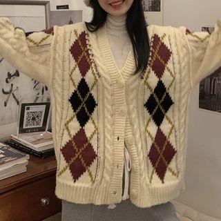 Argyle Cardigan Mauve & Black & Khaki & White - One Size