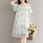 Cactus Print Off-shoulder Short-sleeve Dress