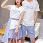 Couple Matching Lettering Short-sleeve T-shirt / Striped A-line Skirt / Shorts