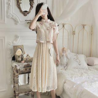 Mock Two-piece Mandarin Collar Lace Midi A-line Dress