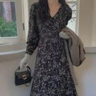 Long-sleeve V-neck Floral Dress Floral - Black & White - One Size