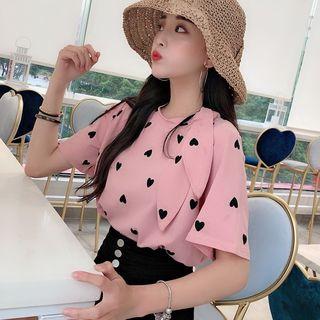 Knotted Neck Heart Print Short Sleeve T-shirt