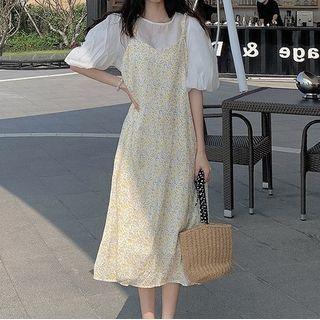Set: Short-sleeve Top + Strappy Floral Midi A-line Dress