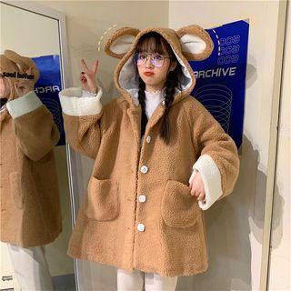 Faux Shearling Bear Ear Single-breasted Hooded Jacket