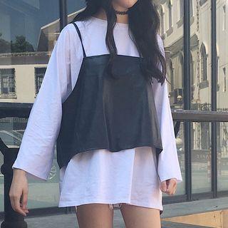 Set: Plain Long-sleeve T-shirt + Faux Leather Camisole Top