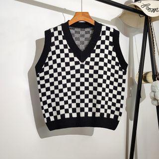 Check Sweater Vest Black - One Size