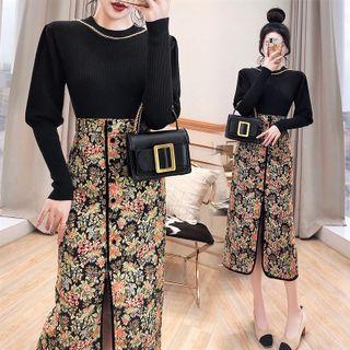 Set: Chain Accent Sweater + Floral Slit Midi Pencil Skirt