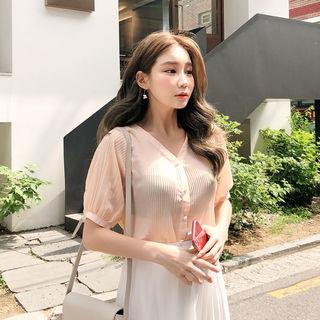 Puff-sleeve Pleated Blouse Peach - One Size