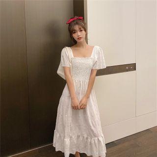 Short-sleeve Square-neck Plain Midi Dress