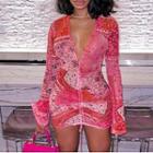 Long-sleeve V-neck Patterned Mini Bodycon Dress