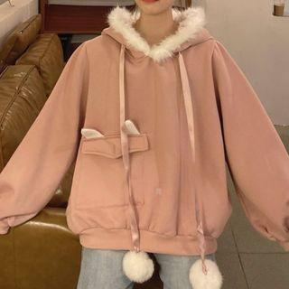 Rabbit Ear Accent Furry Trim Hoodie