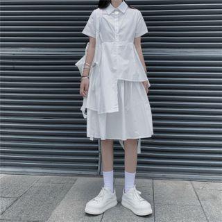 Collared Short-sleeve Asymmetric A-line Dress
