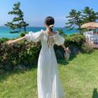 Open Back Puff-sleeve Maxi A-line Dress