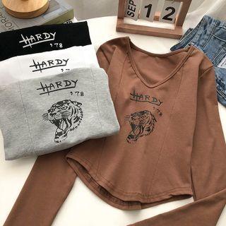 Long-sleeve V-neck Tiger Print T-shirt