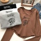 Long-sleeve V-neck Tiger Print T-shirt