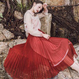 Set: Sheer Blouse + Spaghetti-strap Dress + Accordion Pleat Midi Skirt