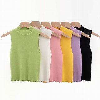 Mock-turtleneck Scallop Edge Knit Tank Top