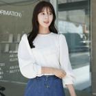 Puff-sleeve Letter-embroidered T-shirt