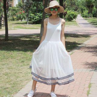 Spaghetti Strap Mesh Overlay Midi A-line Dress