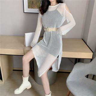 Off-shoulder Asymmetric Open-knit Dress With Slipdress
