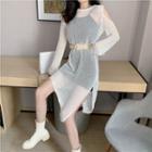 Off-shoulder Asymmetric Open-knit Dress With Slipdress