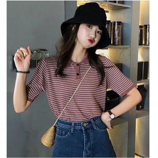 Simple Striped Short-sleeve Top Stand-collar Sheath Knit