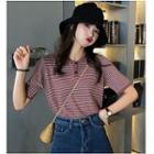 Simple Striped Short-sleeve Top Stand-collar Sheath Knit