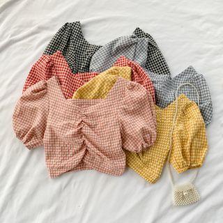 Square-neck Puff-sleeve Plaid Shirt