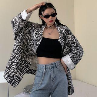 Zebra-print Button Denim Jacket