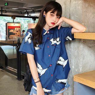 Short-sleeve Crane Print Shirt As Shown In Figure - One Size