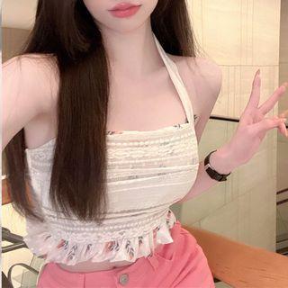 Halter-neck Floral Print Shirred Crop Top